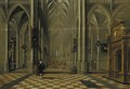 The interior of a Gothic church looking east, with elegant company and other figures - (after) Bartholomeus Van Bassen