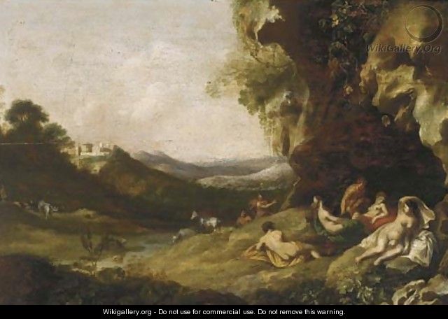A classical landscape with nymphs and satyrs in a grotto - (after) Bartholomeus Breenbergh
