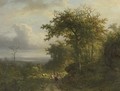 Peasants on a wooded path, a valley beyond; and peasants entering a chapel in a wooded valley - (after) Barend Cornelis Koekkoek