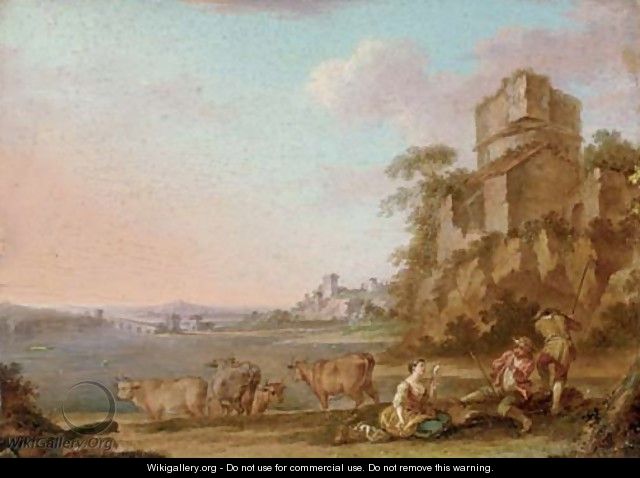 An Italianate river landscape with figures making music, cattle beyond - (after) Balthasar-Paul Ommeganck