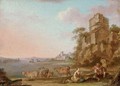 An Italianate river landscape with figures making music, cattle beyond - (after) Balthasar-Paul Ommeganck