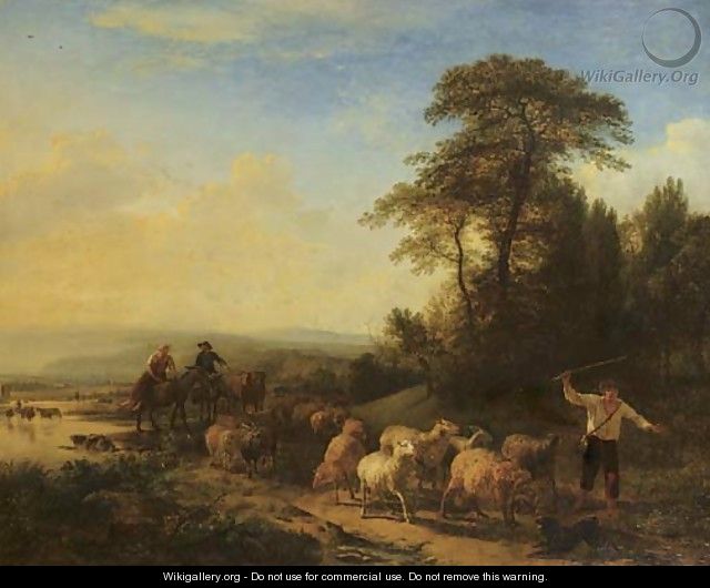Shepherds leading their flock on a path in a mountainous landscape - (after) Balthasar Paul Ommeganck