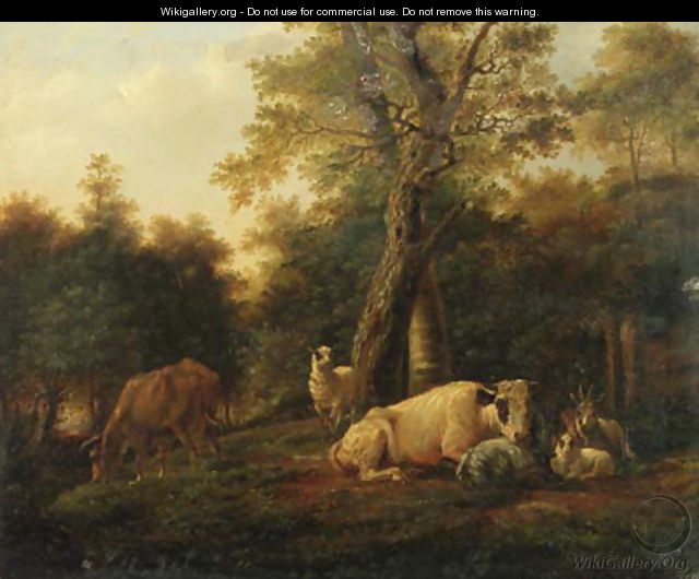 Cattle, goats and sheep by birches in a wooded landscape - (after) Balthasar Paul Ommeganck