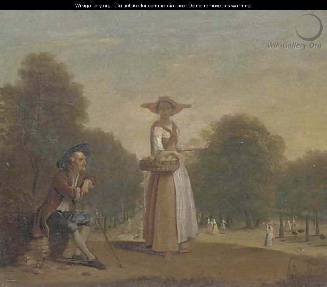 A lady selling peaches in a formal garden with an old man seated, elegant figures beyond - (after) Balthasar Nebot