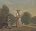 A lady selling peaches in a formal garden with an old man seated, elegant figures beyond - (after) Balthasar Nebot