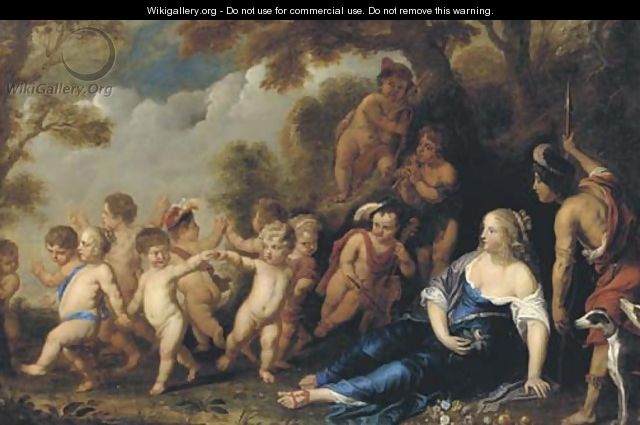 Venus and Adonis surrounded with putti in a landscape - (after) Balthasar Beschey