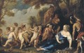 Venus and Adonis surrounded with putti in a landscape - (after) Balthasar Beschey