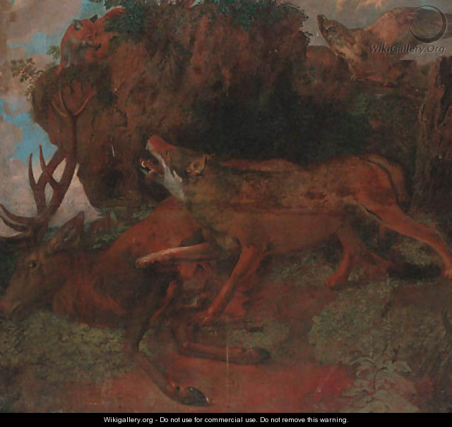 A wolf guarding a stag from a fox with an eagle on an outcrop - (after) Carl Borromaus Andreas Ruthart