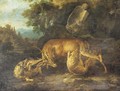 Two wolves attacking a stag in a wooded clearing - (after) Carl Borromaus Andreas Ruthart