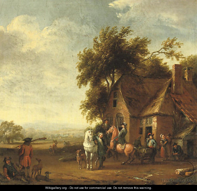 Soldiers resting outside an inn, a hilly landscape beyond - (after) Carel Van Falens Or Valens