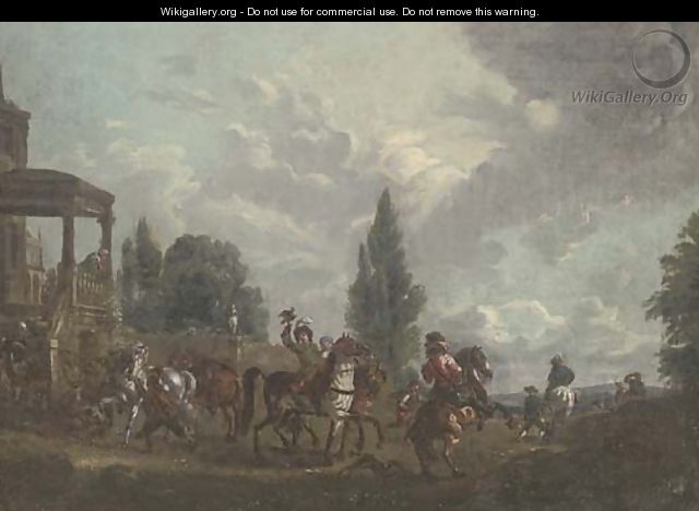 A hunting party setting out from a country estate - (after) Carel Van Falens Or Valens