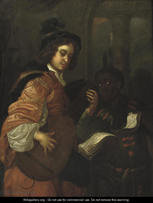 A man playing the lute with a servant holding a music sheet - (after) Carel De Moor