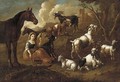 A shepherdess spinning wool with goats, horses and a dog nearby - (after) Cajetan Roos