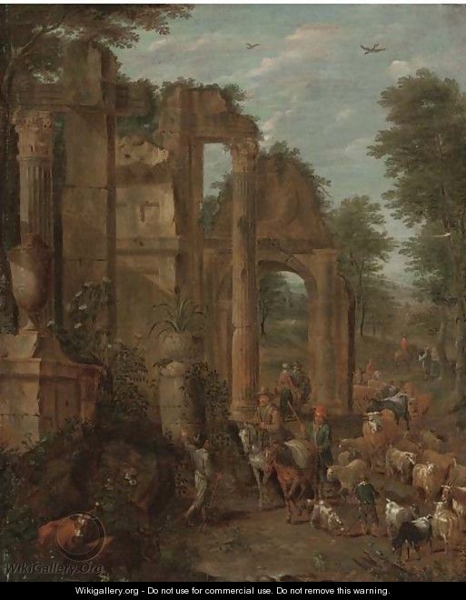 A landscape with shepherds, drovers and their flocks on a wooded track by classical ruins - (after) Cajetan Roos