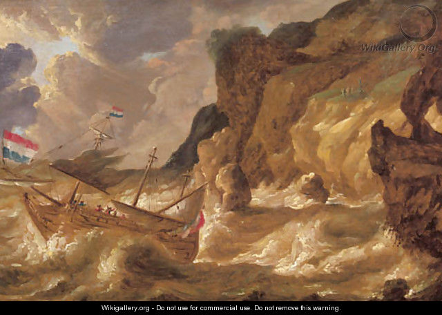 A threemaster lowering sail off a rocky coast in a gale - (after) Bonaventura Peeters I