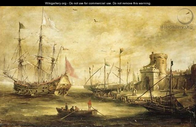 A Dutch port with a Man-of-War - (after) Bonaventura Peeters