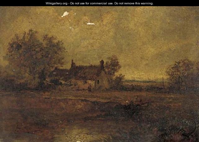 Figures by a pond before a cottage - (after) Benjamin Williams Leader