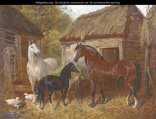 Horses and ducks in a farmyard - (after) Benjamin Jnr Herring