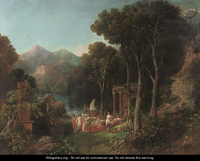 A mountainous wooded river landscape with a bacchanal - (after) Charles Caryl Coleman