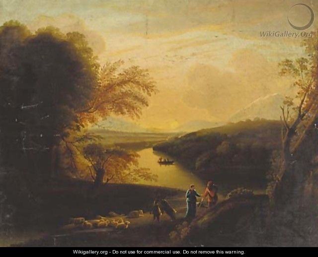 Drovers in a wooded Italianate landscape at sunset - (after) Carlo Labruzzi