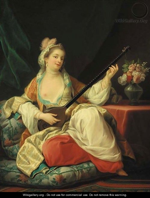 A sultana, reclining on a cushion, playing a lute - (after) Carle Van Loo