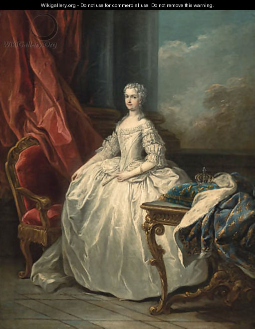 Portrait of Marie Leczinska, Queen of France (1703-1768), full-length, in a white dress, beside a table with a crown on a cushion - (after) Carle Van Loo