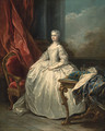 Portrait of Marie Leczinska, Queen of France (1703-1768), full-length, in a white dress, beside a table with a crown on a cushion - (after) Carle Van Loo