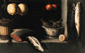 Lemons, oranges, a barrel of olives, salmon and a bowl of fish in a niche - (after) Alejandro De Loarte