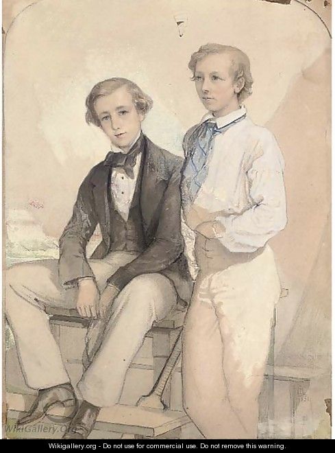 A portrait of Arthur and Kenneth Deighton with their cricket bat - (after) Albert Ludovici