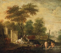 Herdsmen bathing in a Stream with Cattle grazing on a Bank nearby - (after) Albert Klomp