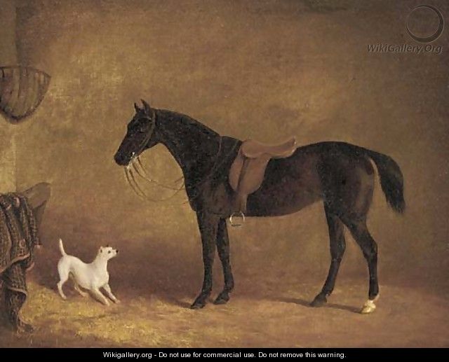 A black hunter and a dog in a stable - (after) Albert Clark