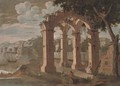 A Mediterranean coastal landscape with figures amongst ruins - (after) Agostino Tassi