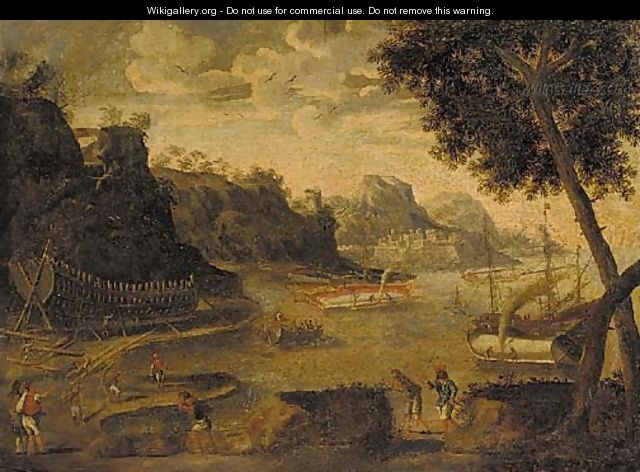 A harbour landscape with shipwrights working in a yard, a fortress and mountains beyond - (after) Agostino Tassi