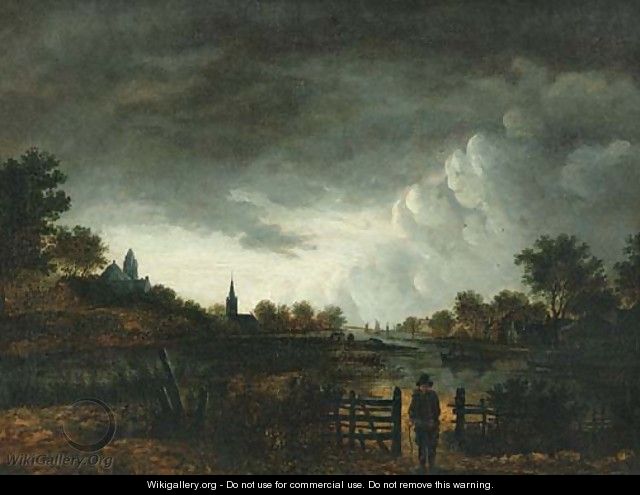 A river landscape at sunset with a peasant by a gate - (after) Aert Van Der Neer