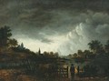 A river landscape at sunset with a peasant by a gate - (after) Aert Van Der Neer