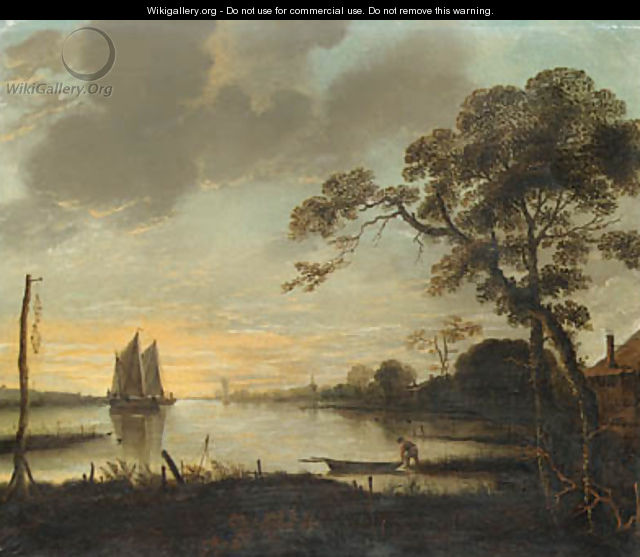 A River Landscape at Dusk with a Fisherman and a Rowing Boat, sailing boats beyond - (after) Aert Van Der Neer
