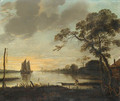 A River Landscape at Dusk with a Fisherman and a Rowing Boat, sailing boats beyond - (after) Aert Van Der Neer