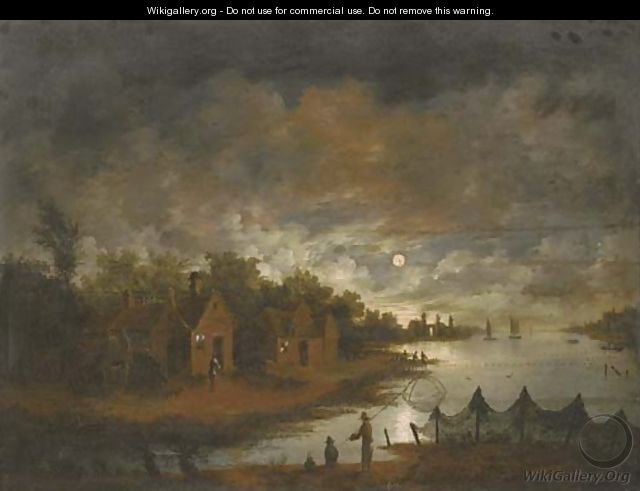 A moonlit river landscape with fishermen by the bank - (after) Aert Van Der Neer