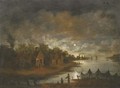 A moonlit river landscape with fishermen by the bank - (after) Aert Van Der Neer