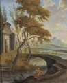 An extensive river landscape with a bather by a bridge - (after) Aelbert Meyeringh