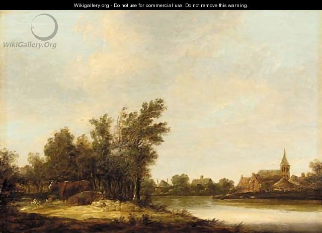A river landscape with cows on a bank, a view of Dordwyk beyond - (after) Aelbert Cuyp