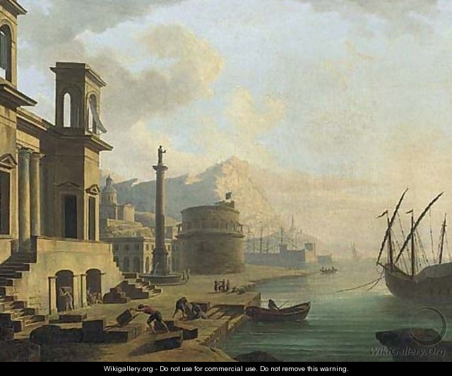 A capriccio of a Mediterranean harbour with stevedore