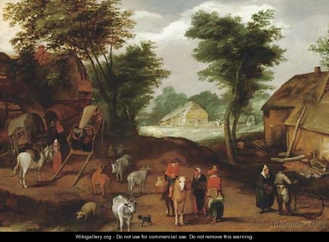 Travellers conversing in a village - (after) Adriaan Van Stalbemt