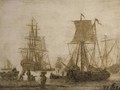 Shipping in a harbour with figures on a shore a penschildrij - (after) Adriaen Van Salm