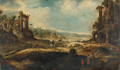 An extensive landscape with travellers by ruins - (after) Adriaen Van Nieulandt