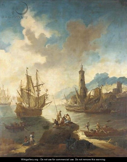 A Mediterranean port with fishermen in the foreground - (after) Adriaen Van Der Cabel