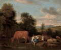 A wooded river landscape with a shepherdess washing her feet, cattle beyond - (after) Adriaen Van De Velde