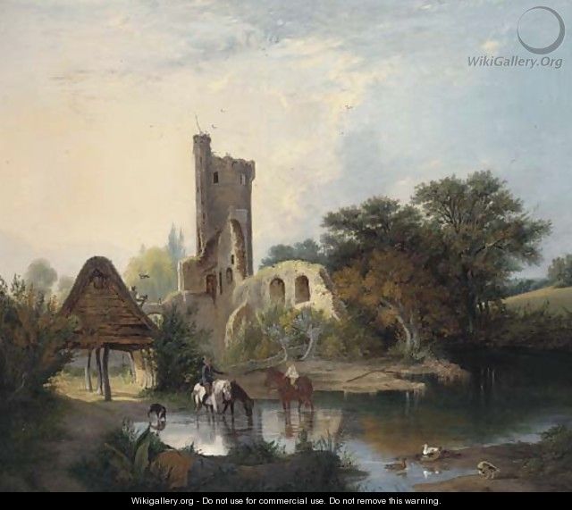 Horses watering before a castle ruin - (after) Alfred Stannard