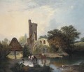 Horses watering before a castle ruin - (after) Alfred Stannard