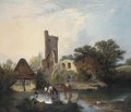 Horses watering before a castle ruin - (after) Alfred Stannard
